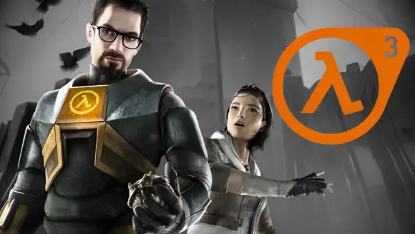 Gordon Freeman i Alyx Vance w oczekiwaniu na Half Life 3. Pomarańczowe logo z symbolem lambda i cyfrą 3.