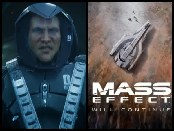 Postać w hełmie i statek kosmiczny z logo Mass Effect.