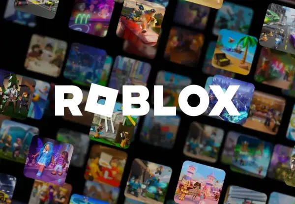 Logo Roblox otoczone mozaiką z miniaturkami fajne gry na roblox. Widać różne światy i postacie.