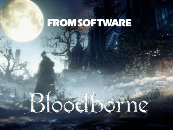 Postać w płaszczu pod wielką księżycem, logo Bloodborne i napis FROM SOFTWARE.