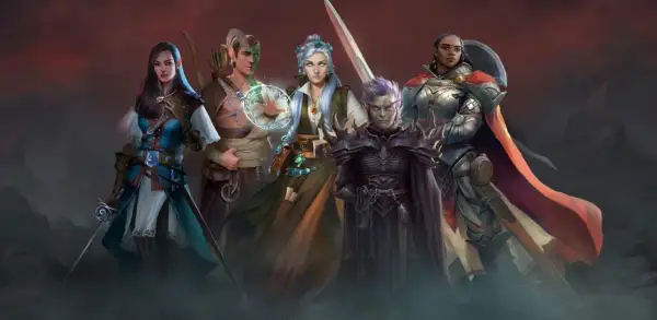Pięć postaci z gry RPG na PC: elfka, łucznik, czarodziejka, mroczny wojownik i rycerka.
