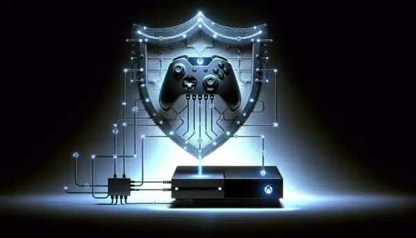 Xbox z kontrolerem i tarczą ochronną połączone obwodami.