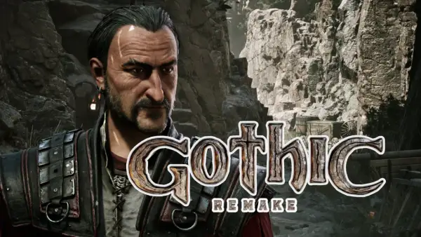 Postać z gry **Gothic** Remake, w tle skaliste tereny i drewniane beczki.
