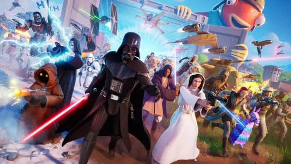 Darth Vader, Leia, Chewbacca i inni bohaterowie Gwiezdnych Wojen walczą w świecie Fortnite, który powstał w 2017 roku.