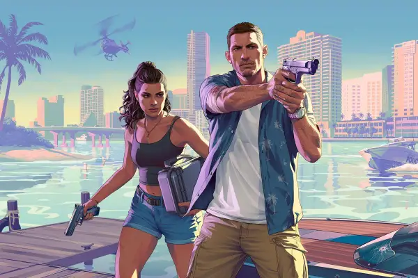 Para GTA 6 PC: para, uzbrojeni po zęby, przygotowują się do akcji na tle słonecznego miasta.