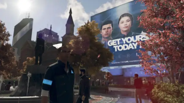 Connor z Detroit: Become Human patrzy na billboard z hasłem "GET YOURS TODAY!". Ile godzin gry przed nim?
