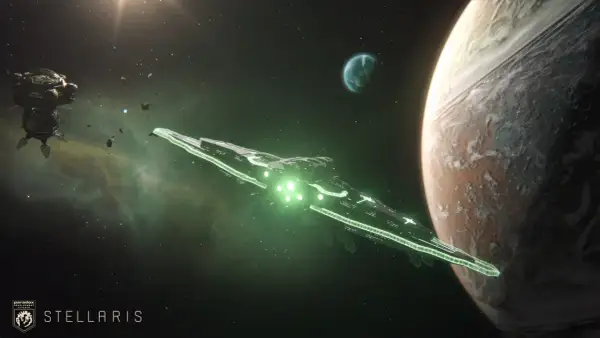 Statek kosmiczny Stellaris 2 z zielonymi światłami zbliża się do planety.