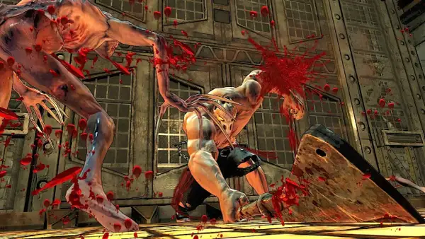 Krwawa scena z gry Splatterhouse: potwór z pazurami atakuje przeciwnika gigantycznym tasakiem, rozpryskując krew.
